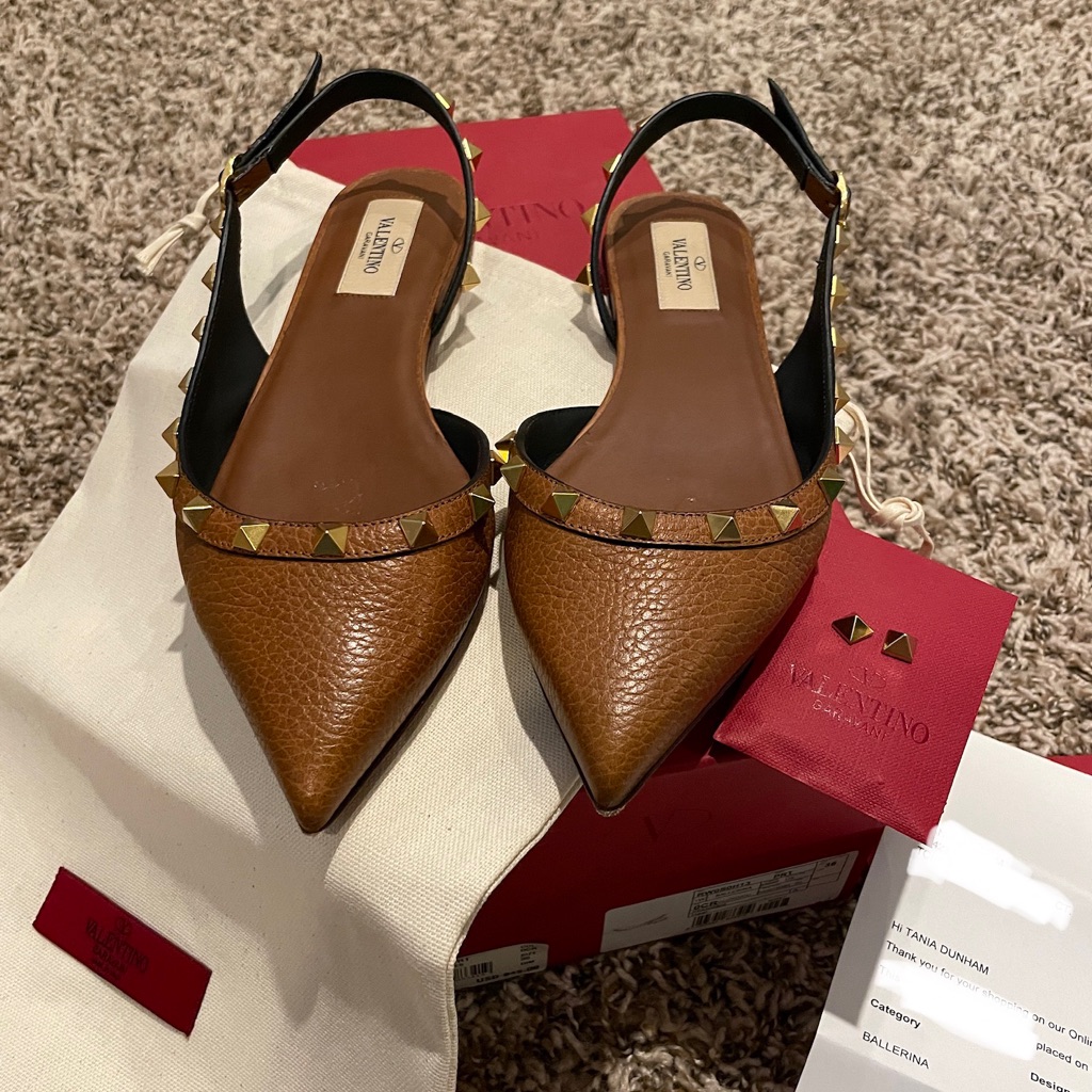 Valentino Rockstud Grainy Leather Slingback Flat In Brown Leather &Gold Hardware